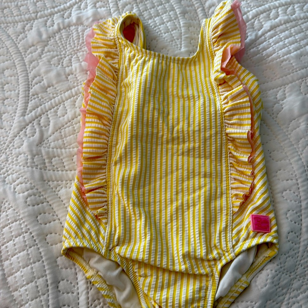 Ruffle butts yellow striped swimsuit size 18-24 mo